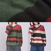 Oversized green striped knit tops plus size patchwork sweaters v neck - bagstylebliss