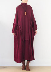 Oversized high neck patchwork Sweater Wardrobes Women burgundy Tejidos knit dresses - bagstylebliss