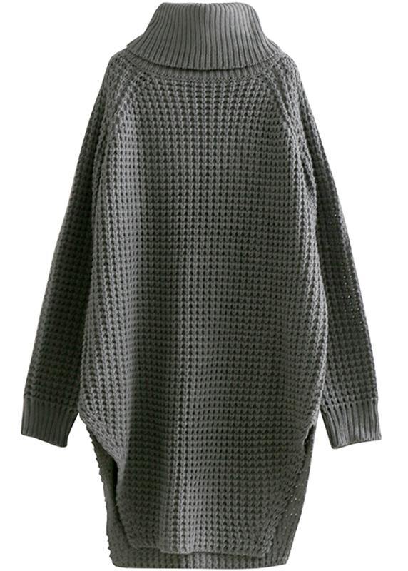 Oversized high neck side open Sweater Aesthetic Vintage gray daily knit dress - bagstylebliss