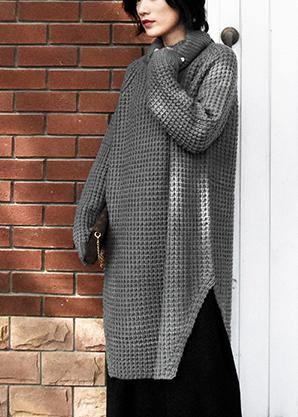 Oversized high neck side open Sweater Aesthetic Vintage gray daily knit dress - bagstylebliss