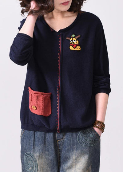 Oversized navy autumn sweater fall fashion v neck knit tops Appliques - bagstylebliss