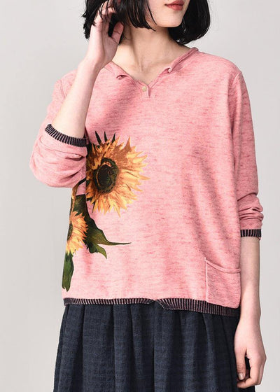 Oversized pink prints knitted t shirt fall fashion long sleeve knitwear v neck - bagstylebliss