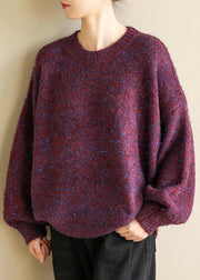 Oversized purple knit tops wild fall fashion o neck knitwear - bagstylebliss