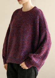 Oversized purple knit tops wild fall fashion o neck knitwear - bagstylebliss