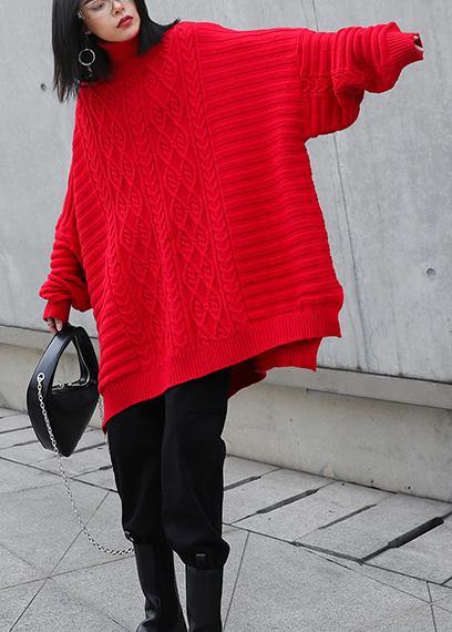 Oversized red Letter knitted t shirt high neck side open knitted blouse - bagstylebliss