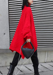 Oversized red Letter knitted t shirt high neck side open knitted blouse - bagstylebliss