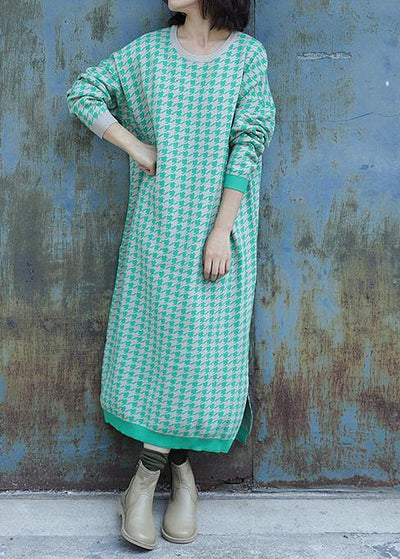 Oversized side open Sweater o neck Wardrobes Largo green plaid baggy knit dresses - bagstylebliss