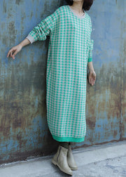 Oversized side open Sweater o neck Wardrobes Largo green plaid baggy knit dresses - bagstylebliss