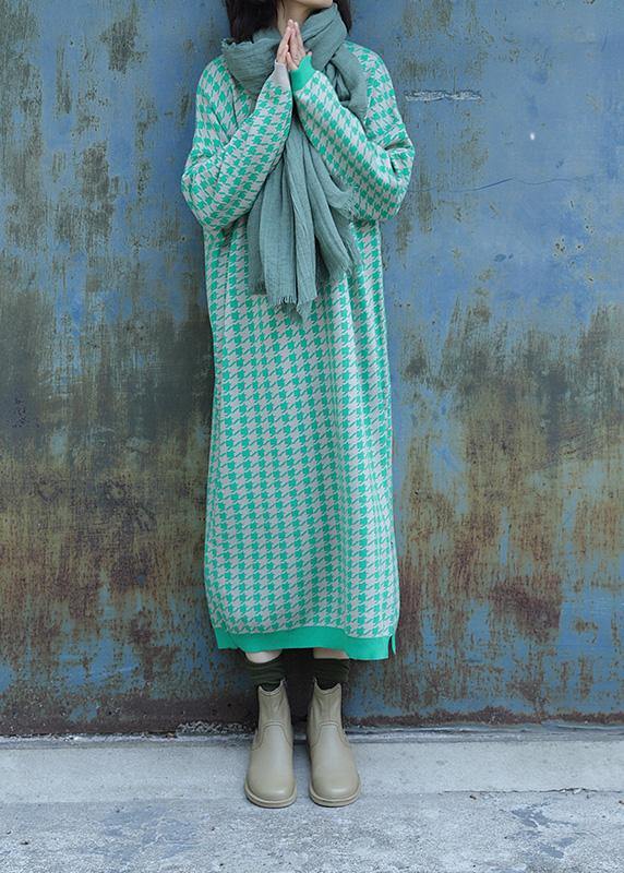 Oversized side open Sweater o neck Wardrobes Largo green plaid baggy knit dresses - bagstylebliss