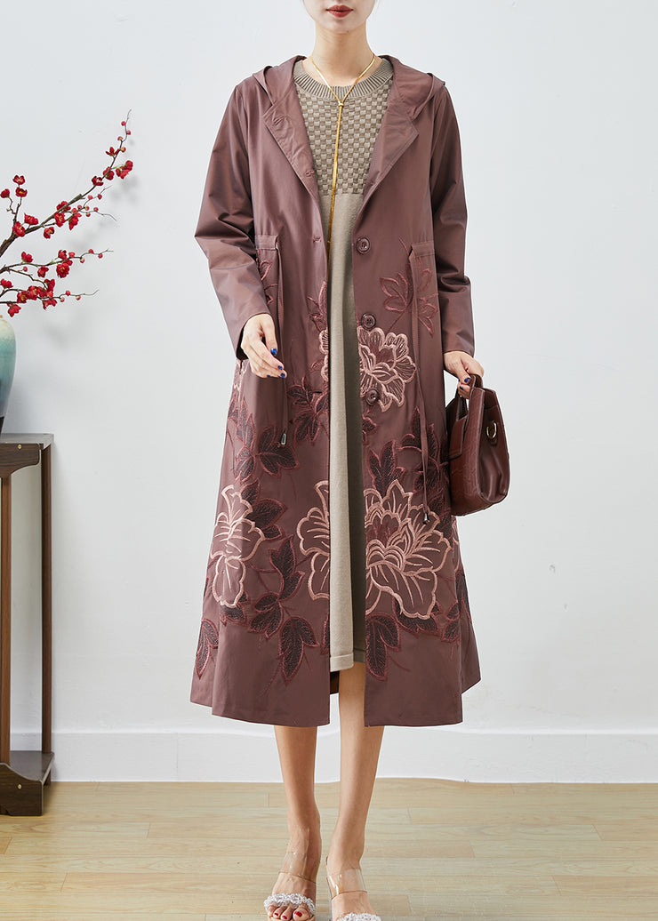 Pale Mauve Spandex Trench Coat Embroidered Tie Waist Fall