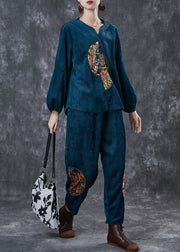 Peacock Blue Patchwork Corduroy Two-Piece Set Chinese Button Spring