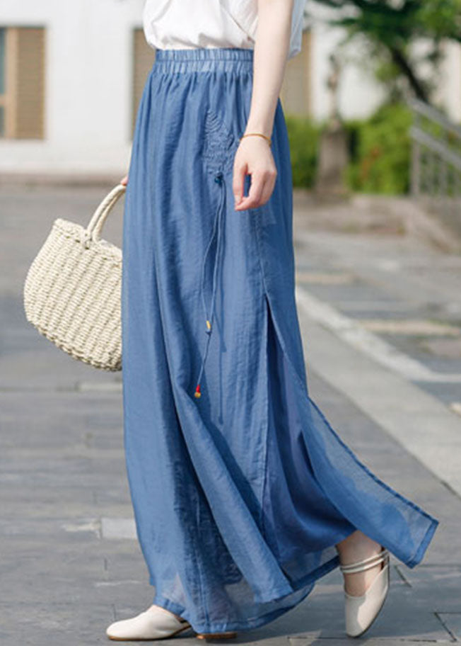 Peacock blue Linen wide leg pants double-deck Spring