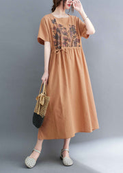 Pink Casual Cotton Cinch Dresses O-Neck Tie Waist Short Sleeve