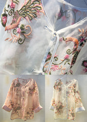 Pink Chinese Button Patchwork Tulle Shirt V Neck Long Sleeve