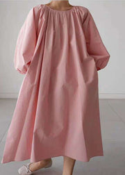 Pink Cotton O-Neck wrinkled Maxi Dress Three Quarter sleeve