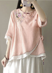 Pink Fake Two Piece Linen Blouses Embroidered Chinese Button Summer