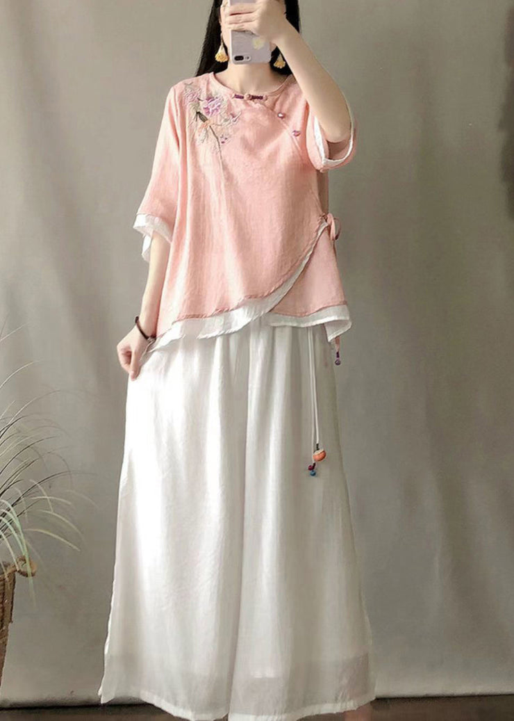 Pink Fake Two Piece Linen Blouses Embroidered Chinese Button Summer