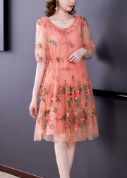 Pink Hollow Out Chiffon Holiday Dress Lace Up Embroideried Summer