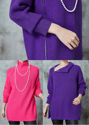 Pink Knit Sweater Tops Asymmetrical Zippered Spring