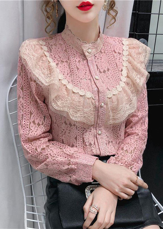 Pink Lace Loose Shirt Top Knopf aushöhlen Langarm