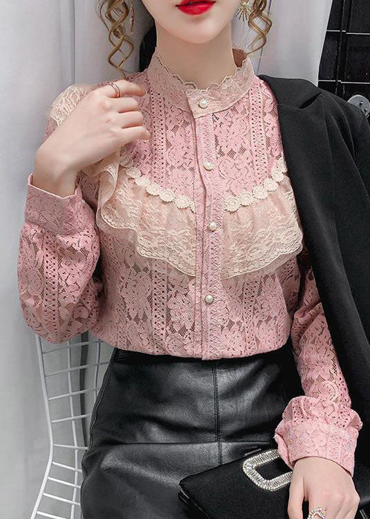 Pink Lace Loose Shirt Top Knopf aushöhlen Langarm