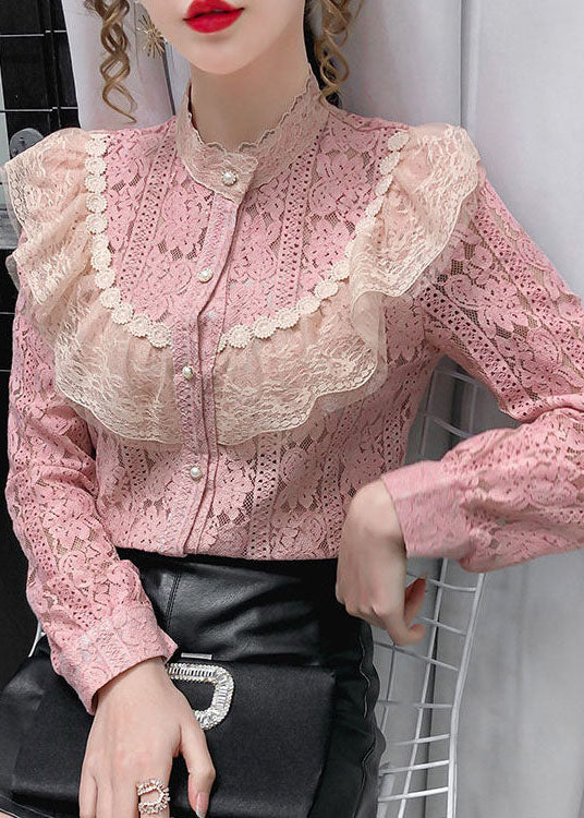 Pink Lace Loose Shirt Top button Hollow Out Long sleeve