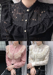 Pink Lace Loose Shirt Top Knopf aushöhlen Langarm