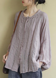 Pink Linen Shirt Tops Ruffled Long Sleeve