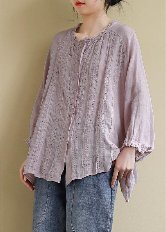 Pink Linen Shirt Tops Ruffled Long Sleeve