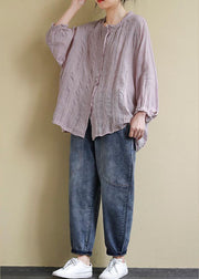 Pink Linen Shirt Tops Ruffled Long Sleeve