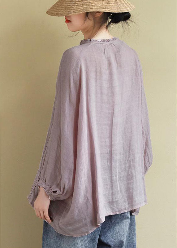 Pink Linen Shirt Tops Ruffled Long Sleeve