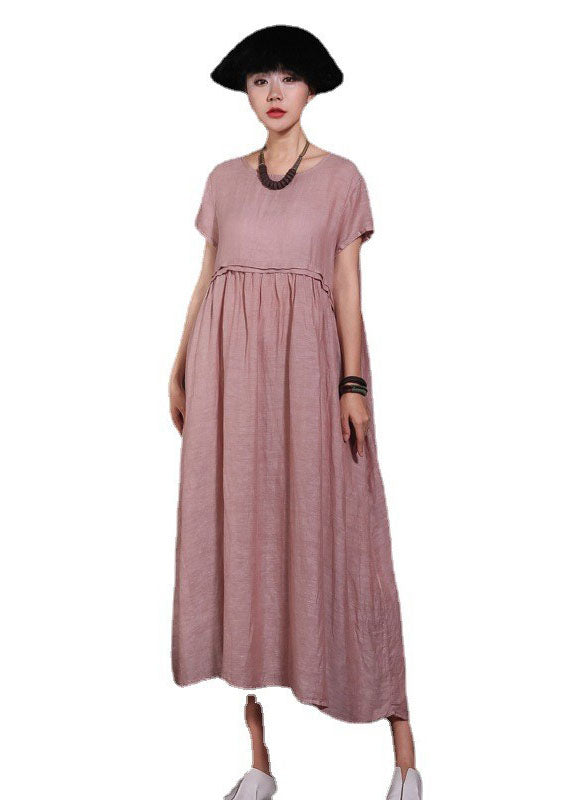 Pink O-Neck Pockets Cotton Dress Short Sleeve