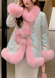 Pink Patchwork Button Leather And Fur Coats Long Sleeve