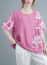 Pink Patchwork Cotton Tank Pocket Short Sleeve