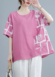 Pink Patchwork Cotton Tank Pocket Short Sleeve