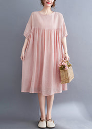 Pink Patchwork Cotton Vacation Dresses Oversized Wrinkled Summer