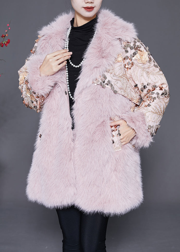 Pink Patchwork Faux Fur Coats Oversized Nail Bead Winter