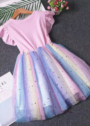 Pink Patchwork Tulle Baby Girls Dress Pony Sequins Wrinkled Summer