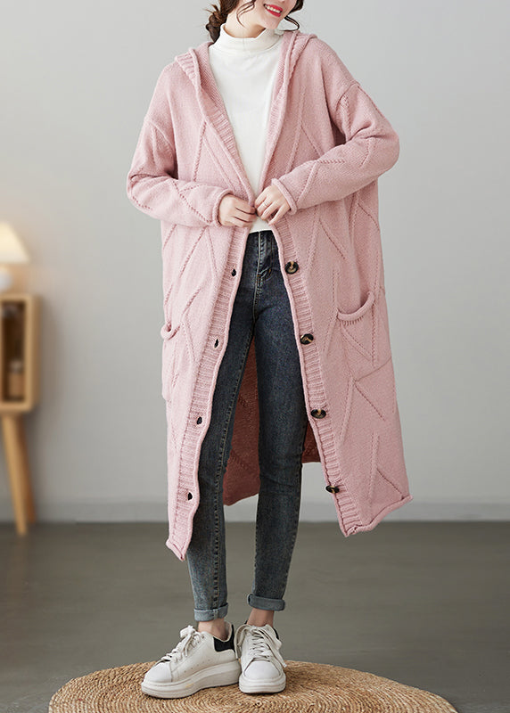 Pink Pockets Button Patchwork Loose Knit Cardigan Hooded Fall