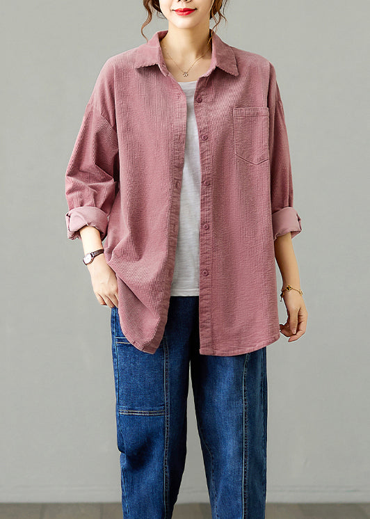 Pink Pockets Patchwork Corduroy Shirts Coat Peter Pan Collar Fall