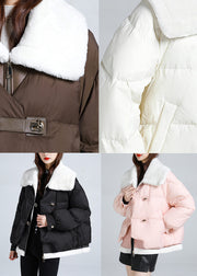 Pink Pockets Patchwork Fine Cotton Filled Puffer Jacket Square Collar Winter