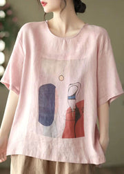 Pink Print Loose Linen Tank Tops O-Neck Short Sleeve