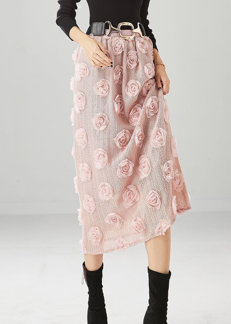 Pink Silm Fit Knit Skirts Three-dimensional Floral Fall