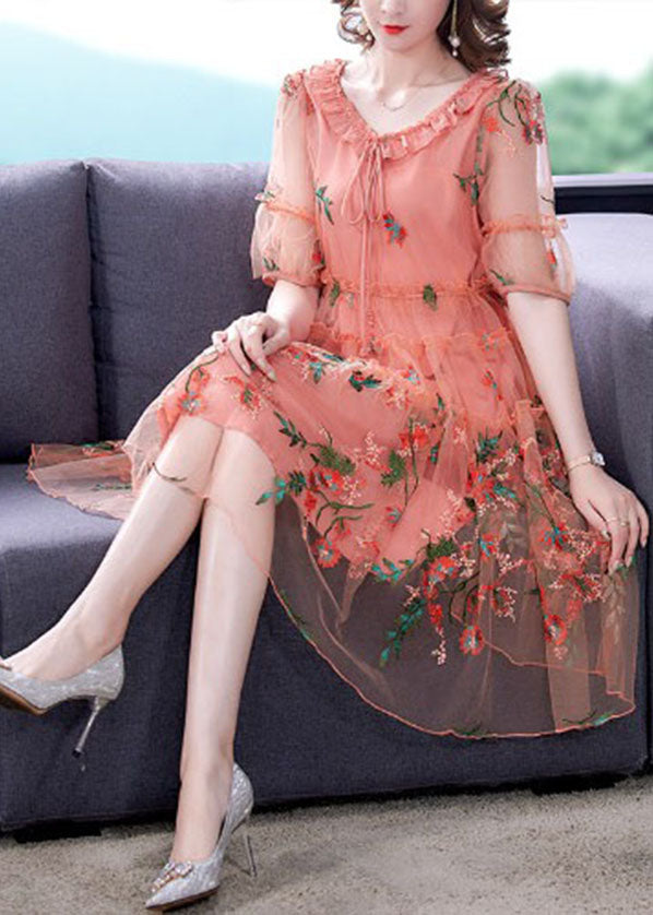 Pink Tulle Mid Dresses Ruffled Embroideried Short Sleeve