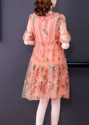 Pink Tulle Mid Dresses Ruffled Embroideried Short Sleeve