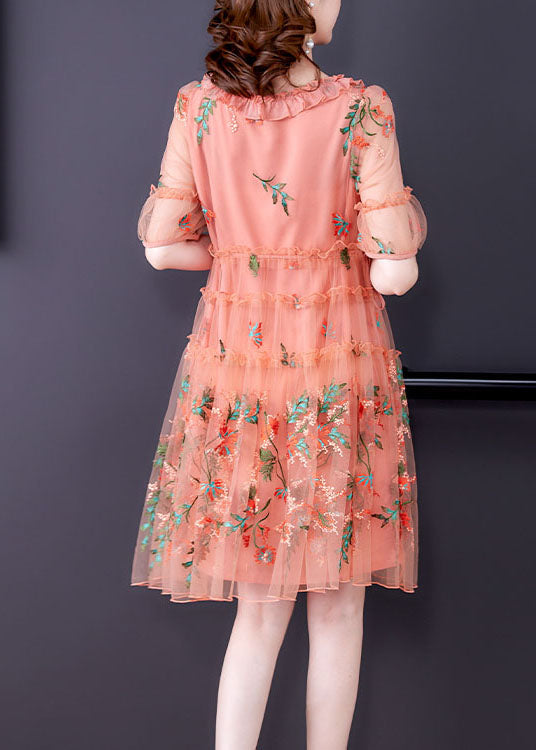 Pink Tulle Mid Dresses Ruffled Embroideried Short Sleeve