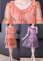 Pink Tulle Mid Dresses Ruffled Embroideried Short Sleeve