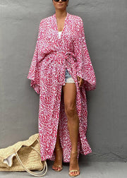 Pink V Neck Dot Tie Waist Cotton Maxi Beach Cardigans Long Sleeve