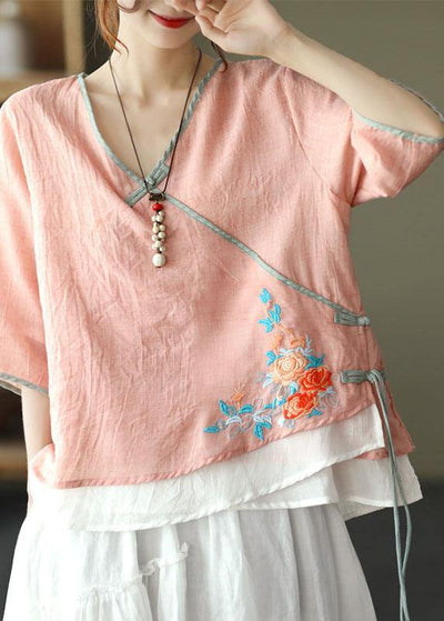 Pink V Neck Embroideried Summer Ramie Half Sleeve Tops - bagstylebliss