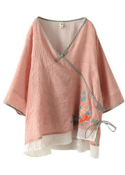 Pink V Neck Embroideried Summer Ramie Half Sleeve Tops - bagstylebliss